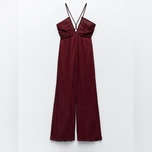NWT Zara Long Crossed Back Jumpsuit in burgundy